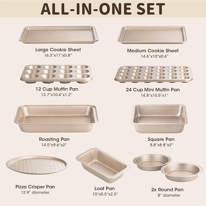 Terlulu 10-Piece Baking Pans Set, Bakeware Sets Nonstick, Baking Set for Oven Cooking, Stackable Carbon Steel Pans Include Cookie Sheets, Muffin Pan, Cake Pan, Pizza Pan, Loaf Pan, Roasting Pan, Gold