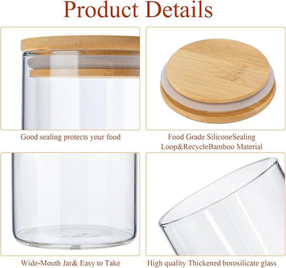 Qinyoung Glass Storage Jars with Wooden Lids, 4 Sizes Food Storage Containers Clear Stackable Canisters Airtight Glass Jars for Candy Cookie (Clear, Light Brown, 15oz 25oz 34oz 42oz, 24 Pcs)
