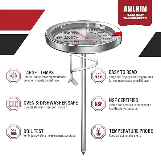 AWLKIM 2 Pack Analog Probe Meat Thermometer, NSF Certified, No Battery Needed, 2.5-in Extra-Large Dial, 120-220°F Read Range, Oven Safe up to 500°F, Bimetallic Stem for Cooking, Roasting, Turkey