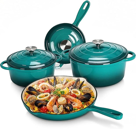 LIFERUN Nonstick Enameled Cast Iron Cookware Set, 7Pcs Pots and Pans Set, Gas/Induction Dutch Oven Set, PFOA & PFAS Free