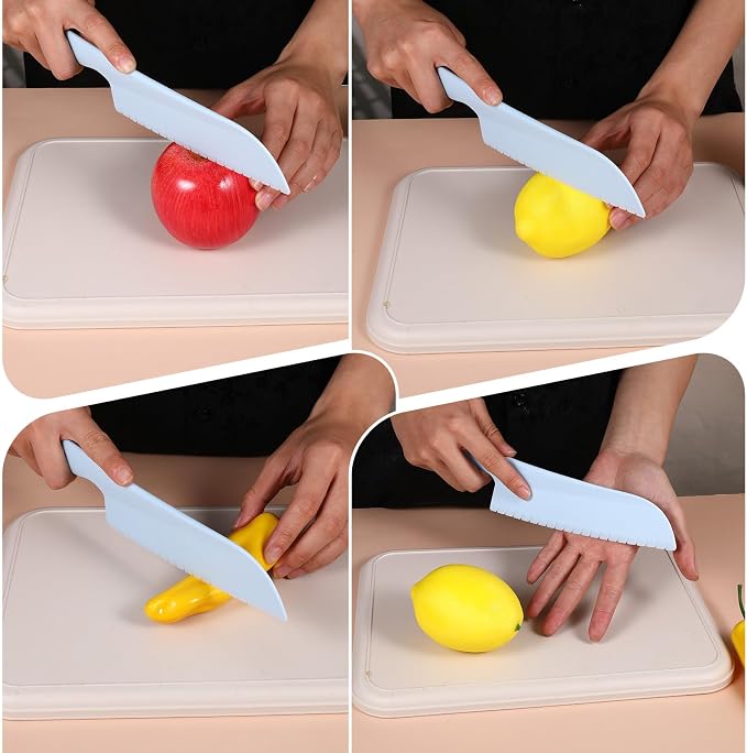 4 Pack Lettuce Knife 11/8.5" Plastic Cake Knifes to Prevent Browning Serrated Kitchen Cutter for Cutting Fruits, Cakes and Bread Dishwashable Safe for Kids Nylon Cutters for Nonstick Pans(Blue& Green)