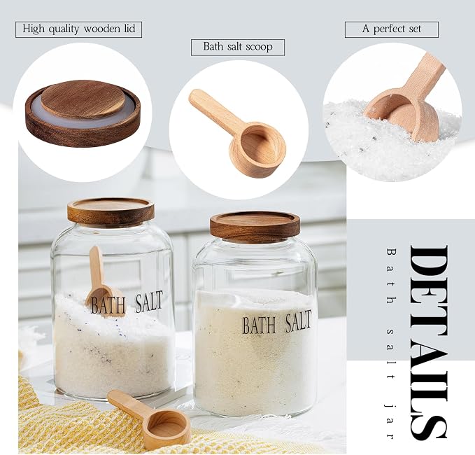 SiliFine 1 Sets 74 oz Glass Bath Salts Jar with Wooden Scoop and Lid, Bath Salt Container for Bathroom Organizers and Storage, Bathtub Accessories for Women Bathroom, Home Decor