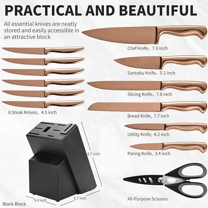 15-Piece Rose Gold Knife Block Set with Sharpener, Chef Professional Knife Set, Stainless Knife Set With Scissors, Steak Knives