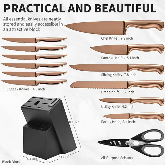 15-Piece Rose Gold Knife Block Set with Sharpener, Chef Professional Knife Set, Stainless Knife Set With Scissors, Steak Knives