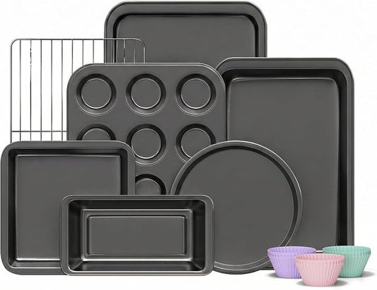KITESSENSU Compact Baking Pans Sets, Nonstick Bakeware Sets 19-Piece with Round/Square Cake Pan, Loaf Pan, Muffin Pan, Cookie Sheet, Roast Pan, Cooling Rack, Carbon Steel Bake Set