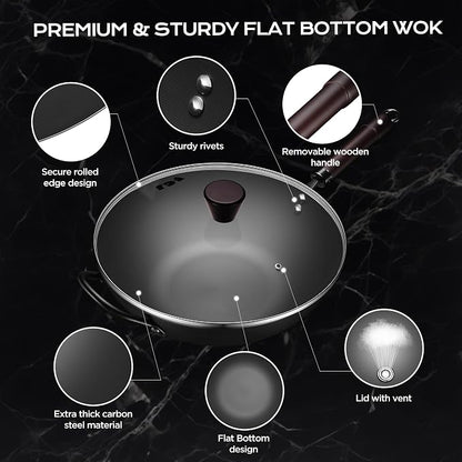 FGJ Wok, 13 Inch Carbon Steel Wok Pan Set 6PCS & Stir-fry Pans Nonstick, Pre-Seasoned 5.8QT Flat Bottom Chinese Woks Paella Pan Set, Carbon Steel Cookware, Compatible with All Cooktops