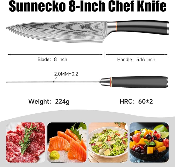 Sunnecko 8 Inch Chef Knife, Japanese Damascus VG10 Professional Kitchen Blade for Meat Vegetable Slicing, Ultra Sharp Cooking Tool with Manual Sharpener & Gift Box Packaging, Multi-purpose Chefs Knife