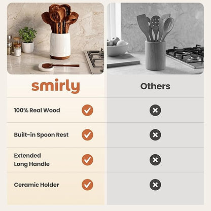 SMIRLY Wooden Spoons for Cooking - 12-Piece Premium Walnut Wood Utensil Set with Ceramic Holder & Spoon Rest, Non-Scratch Cooking Utensils Set for Nonstick Cookware, Luxury Kitchen Gift Set [Walnut]