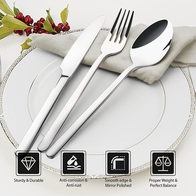 KINGSTONE Silverware Sets, 60 Piece Flatware Set for 12, 18/10 Stainless Steel Cutlery Set, Mirror Polished Dishwasher Safe Utensils, Includes Knives Forks Spoons for Home, Restaurant, Wedding, Party