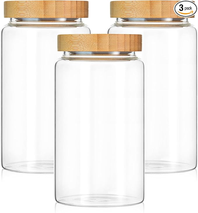 3 Pack 1200 ml / 42 oz clear cute glass storage canister holder with airtight bamboo lid, modern decorative small container jar for coffee, spice, candy, salt, cookie, condiment, pepper, sugar