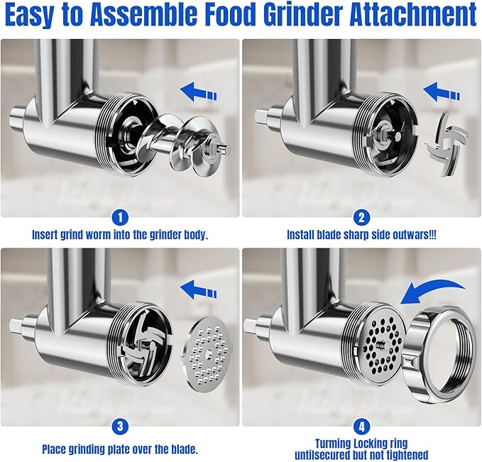 Metal Food Grinder Attachments for KitchenAid Stand Mixers, Meat Grinder, Sausage Stuffer, Perfect Mixer Attachment for KitchenAid Mixers, 15pcs Meat Grinder Accessories Set, Silver