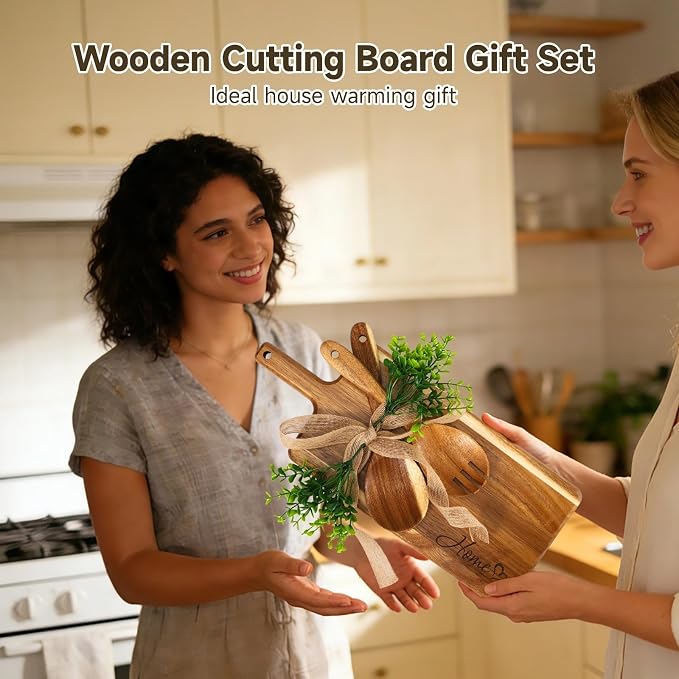 Wooden Cutting Board Set, Solid Wood Chopping & Serving Board with Salad Spoon & Fork, Decorative Kitchen Platter for Housewarming, Wedding, New Home or Family Kitchen Essential