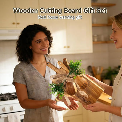 Wooden Cutting Board Set, Solid Wood Chopping & Serving Board with Salad Spoon & Fork, Decorative Kitchen Platter for Housewarming, Wedding, New Home or Family Kitchen Essential