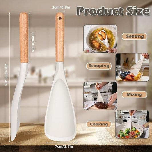 Cooking Spoon Set for Non-Stick Cookware - Wooden Handle & multi function cooking spoon, Heat-Resistant Kitchen Utensils for Stirring, Mixing, Serving (WHITE - 1Pack)