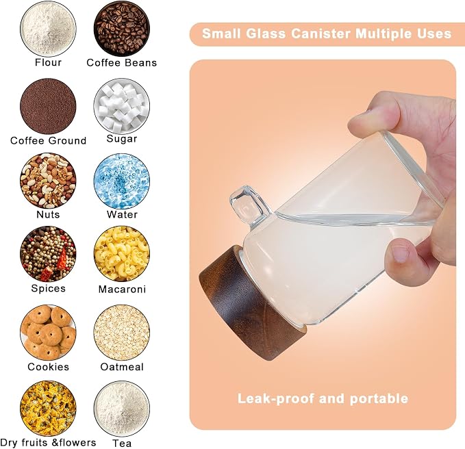8 oz Small Glass Mason Jars with Scoop Wooden Screw Lid Spice Herb Storage Container Clear Round Glass Food Canister for Seasoning Sugar Tea Coffee Bean Spice Salts Pantry (2×250ml(8.4oz)with scoop)