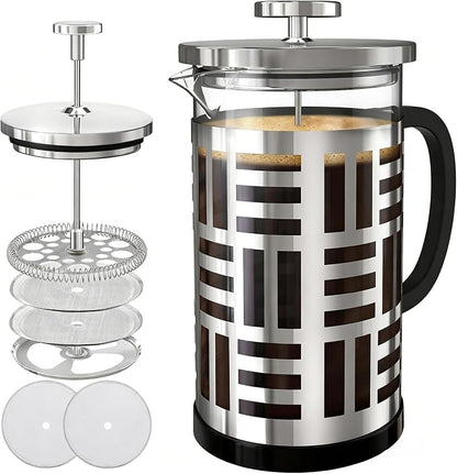 French Press Coffee Maker 34 oz, Glass Coffee Press with 316 Stainless Steel Filter, Plastic-Free Brewer for Coffee, Cold Brew,Tea & Cocoa, With Extra Filter