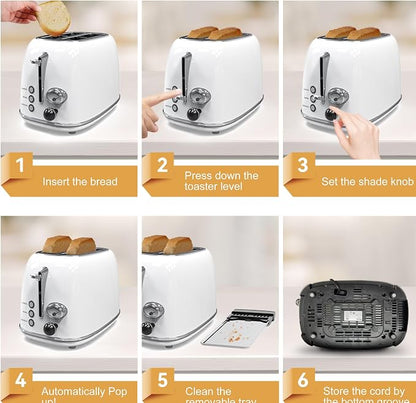 Toaster 2 slice,Retro Stainless Steel Toaster with 6 Settings, 1.5 In Extra Wide Slots, Bagel/Defrost/Cancel Function, Removable Crumb Tray (White)