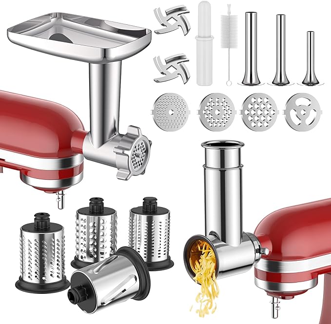 Meat Grinder & Stainless Steel Slicer Shredder Attachment for KitchenAid Stand Mixer, Includes Metal Food Grinder Attachment with Sausage Stuffer Tubes and Salad Machine Accessory by InnoMoon
