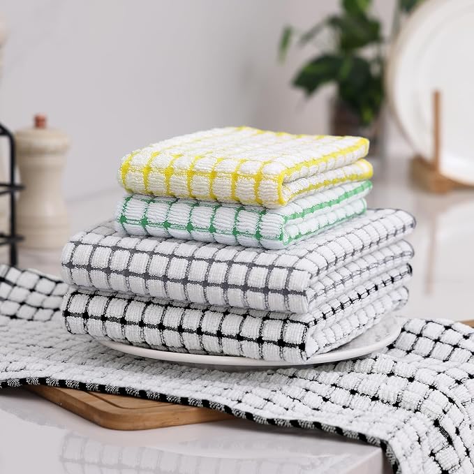 Homaxy Kitchen Towels and Dishcloths Set, 16 x 25 and 12 x 12 Inches, Set of 16 Cotton Terry Kitchen Dish Towels, Super Soft and Absorbent Dish Cloths, Black/Grey/Yellow/Green