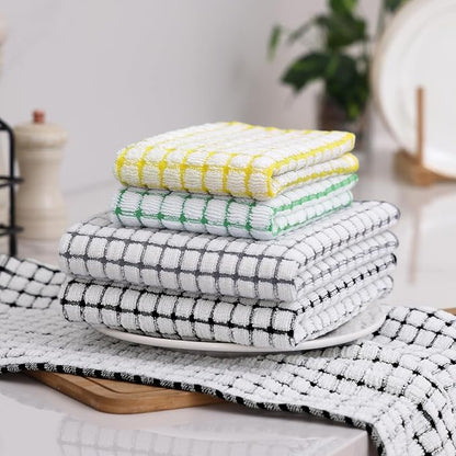 Homaxy Kitchen Towels and Dishcloths Set, 16 x 25 and 12 x 12 Inches, Set of 16 Cotton Terry Kitchen Dish Towels, Super Soft and Absorbent Dish Cloths, Black/Grey/Yellow/Green