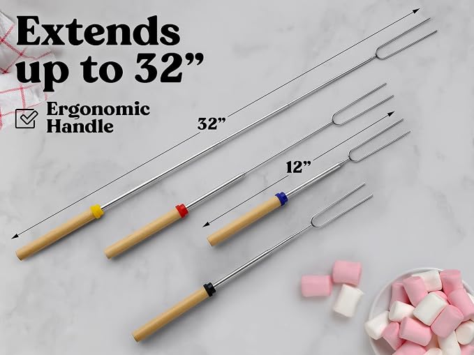 Zulay Kitchen Sturdy Marshmallow Sticks for Fire Pit Extra Long - Smores Sticks Smores Kit - Marshmallow Roasting Skewers - Hot Dog Fork Bonfire Glamping Camping Accessory 32" 8 Pack Bundle