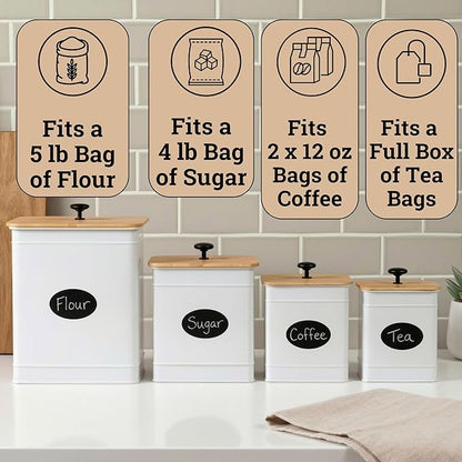 Kitchen Canisters for Countertop Set of 4 with Customizable Chalkboard Labels & Marker Pen - Big Iron Kitchen Canisters with Airtight Lids - Canisters Sets for the Kitchen - White Kitchen Canister Set