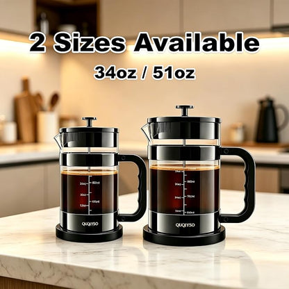 QUQIYSO French Press Coffee Maker – 304 Stainless Steel Filter, 2.8mm Thick Heat-Resistant Borosilicate Glass, Easy to Clean, Large Coffee Press for Home, Office, Party, 51oz, Dark Pewter