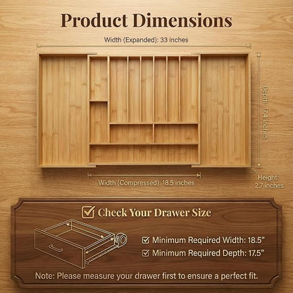 33" Expandable Bamboo Utensil Drawer Organizer | Solid Bamboo, Expands to 33" Wide, 11 Custom Compartments, Sorts Flatware & Utensils, Fits Kitchen or Office Drawers