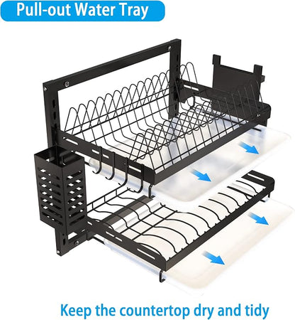 Dish Drying Rack, Over The Wall Mounted Dish Drying Rack, Stainless Steel Dish Rack, Large Storage Drying Rack for Kitchen, Dish Drainer with Utensil Holder-2 Tier