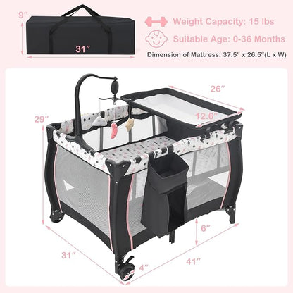 INFANS 3 in 1 Pack and Play, Portable Travel Baby Bassinet with Detachable Mattress, Changing Table, Foldable Playpen with Carry Bag, 2 Wheels (Cartoon)