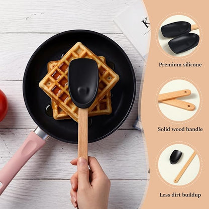 CHENGU 3 Pcs Spoonula Shaped Silicone Spoon with Wooden Handle Holiday Kitchen Utensil Gift Set Black Spoonula Spatula Non-stick Cooking Tools for Mixing Stirring and Baking