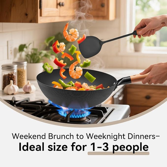 WANGYUANJI 11.8" High Purity Iron Wok Pan,Flat Bottom Stir Fry Pan for Electric,Induction & Gas Stoves,No Chemical Coating Carbon Steel Alternative,Traditional Hand-Hammered Skillet for Cooking