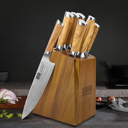 HOSHANHO Knife Set with Block 7-Piece, Professional 67-layer Damascus Super Steel Kitchen Knife Sets for Cooking, Ultra Sharp Knife Set with Sharpener