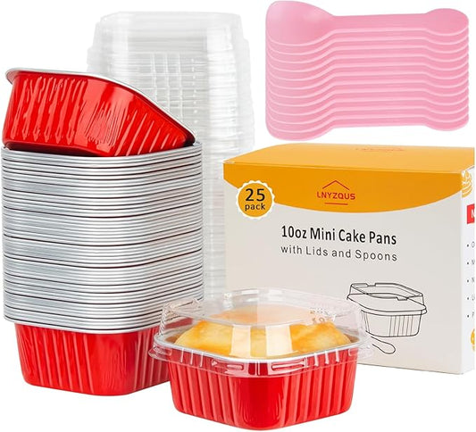 LNYZQUS 10oz Mini Cake Tins with Lids 25 Pack,4” Small Foil Muffin Pans Individual Baking Cups for Brownies, Disposable Cupcake Containers Bread Holders for Christmas Baking Gifts-Red