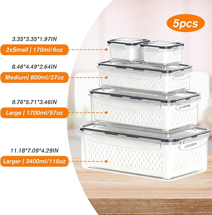 KUK 5 Pack Fruit Storage Containers for Fridge, Leakproof Food Containers with Removable Colander, Fruit Containers for Fridge BPA Free Produce Containers Keep Vegetables Berry Meat Fresh Longer (5)