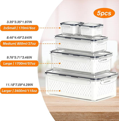 KUK 5 Pack Fruit Storage Containers for Fridge, Leakproof Food Containers with Removable Colander, Fruit Containers for Fridge BPA Free Produce Containers Keep Vegetables Berry Meat Fresh Longer (5)
