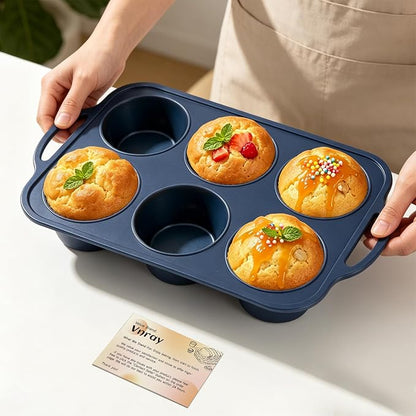 Jumbo Silicone Muffin Pan with Metal Frame, Non Stick Silicone Cupcake Pan with Handles 6 Cup, BPA Free Silicon Muffin Tin Tray Extra Large for baking, egg bites, Cupcake Mold Grey