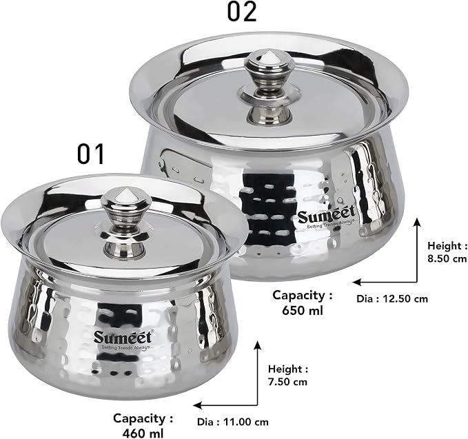 Sumeet Stainless Steel Handcrafted Hammered Texture Handi Set with Lid for Kitchen, Set of 2, 460ml & 650ml, Silver