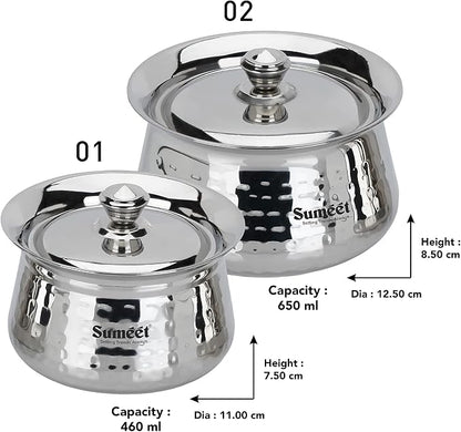 Sumeet Stainless Steel Handcrafted Hammered Texture Handi Set with Lid for Kitchen, Set of 2, 460ml & 650ml, Silver