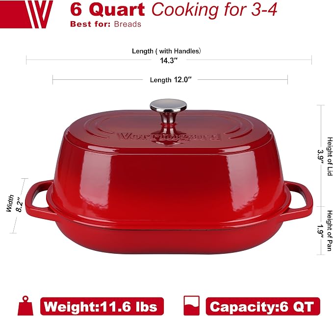VORRINGARD Enameled Cast Iron Dutch Oven Pot with Dome Lid, Oval Bread Oven for Homemade Sourdough Bread Baking, Oven Safe up to 500°F, 6 Quart, Red