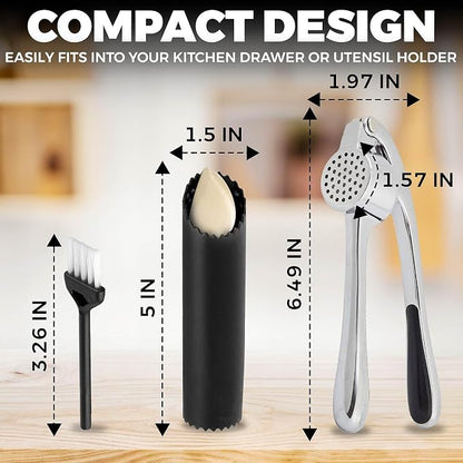 Premium Garlic Press Set - Stainless Steel Mincer Crusher Grater Tool with Silicone Peeler and Brush - Dishwasher Safe Metal Presser Grinder Smasher Masher Squeezer Shredder for Ginger, Butter, Herb