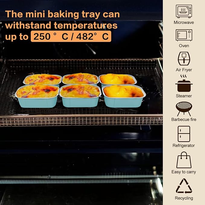 Mini Cake Pans With Lids And Spoons,5.5 oz Rectangle Mini individual Loaf Pans Disposable Aluminum Foil Small Baking Cups Tins (100, Wathet)