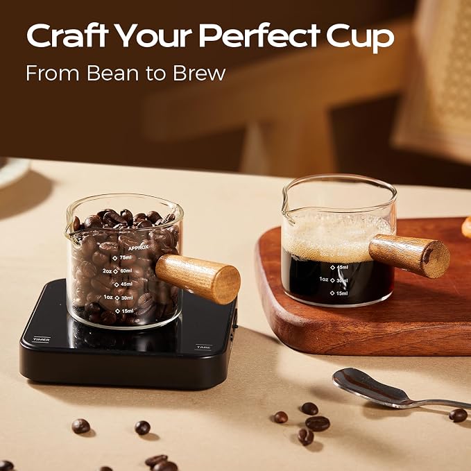 YARRAMATE 2.5 oz/75ML Espresso Shots Cup with Wooden Handle, Clear Glass Demitasse Cup with Dual Scale Markings for Coffee Extraction (1 Pack, Single Spout)