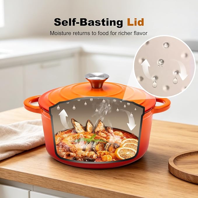 Enameled Cast Iron Dutch Oven - 7QT Pot with Lid,Oven Safe to 500°F,Heavy-Duty Cookware for Sourdough Bread Baking,Braising,Stews,Roasting Orange