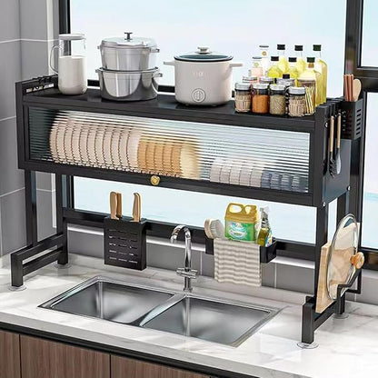 Verida Over the Sink Dish Drying Rack 3 Tier, Over Sink Dish Drain Drying Rack for Kitchen Storage of Dishes and Cutlery, Space Saving Dish Rack with Cover, Black