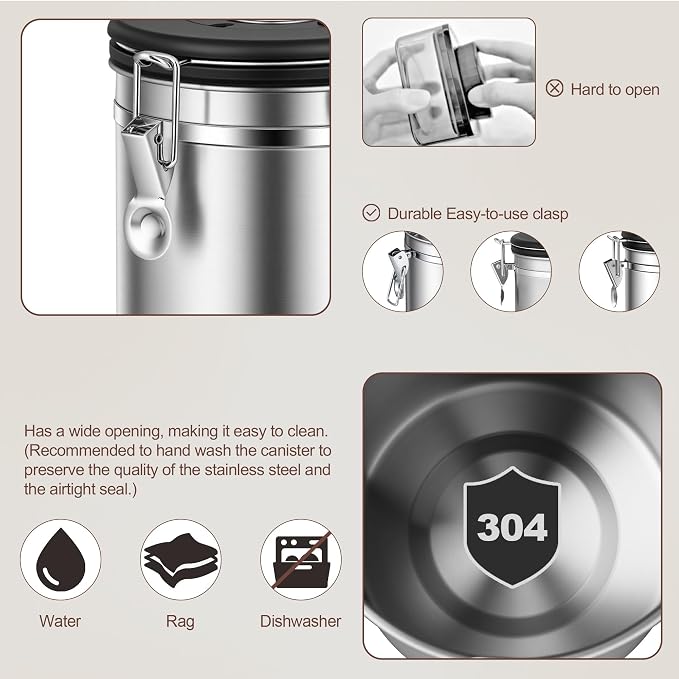 ShanSon Coffee Canister Airtight, Stainless Steel Bean Storage Container with Date Tracker & Scoop, Grounds Sugar Flour Tea Cereal Fits Kitchen Pantry, Ideal Gift for Coffee Lovers,12oz,Silver