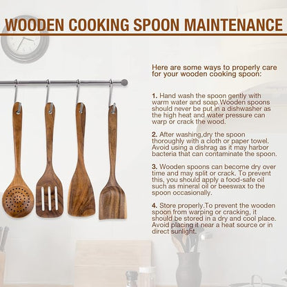 Teak Wood Cooking Utensils Set - 9-Piece Nonstick Safe Kitchen Utensils with Holder, Spoon Rest & 6 Metal Hooks, Natural Wooden Cookware for Nonstick Pans (Premium Durable Utensil Set