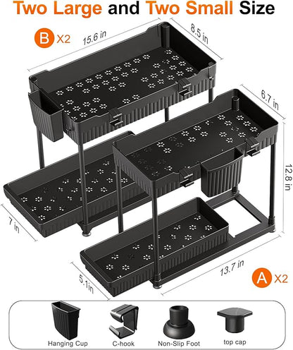 Sevenblue 4 Pack Under Sink Organizer, Bathroom Organizers and Storage, 2 Tier Multi-Use Pull Out Cabinet Organizer with Hang Hooks and Cups (Black, 4 Pack)