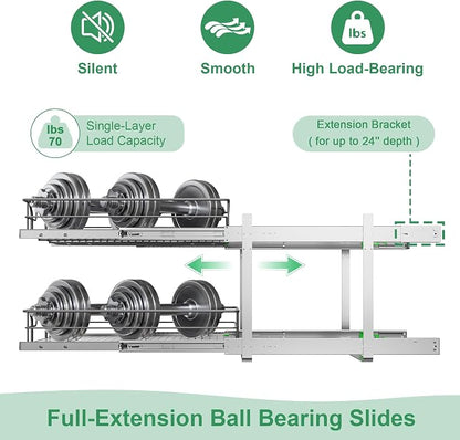 2-Tier Pull Out Cabinet Organizer (20" W x 22" D), Soft Close Cabinet Slide Out Shelves, Heavy Duty Slide Out Drawers with Shelf Liner for Kitchen Cabinets, Pantry Storage, Bathroom