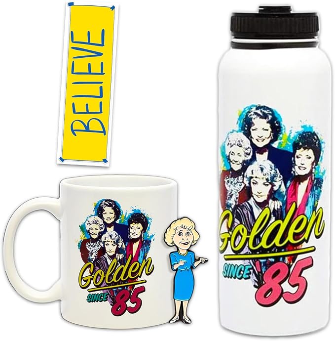 Golden Girls Coffee Mug and Stainless Steel Water Bottle Set - Bundle of 11oz Ceramic Coffee Cup, 34oz Bottle, Enamel Pin, More | Golden Girls Gifts